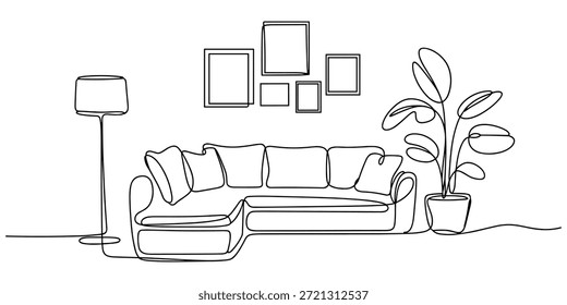 Interior de linha contínua com sofá, planta, lâmpada e quadros para foto. Um desenho de linha da sala de estar com mobiliário moderno curso editável. Linha única. Contorno de desenho manual. Flor no vaso. Vetor Doodle