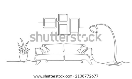 Continuous line interior with sofa, plant, lamp and frames for photo. One line drawing of Living room with modern furniture editable stroke. Single line. Handdraw contour. Flower in pot. Doodle vector