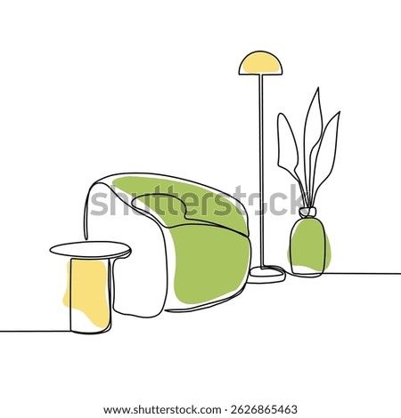 Continuous line interior with sofa, plant and lamp. One line drawing of Living room with single sofa modern furniture. Single line drawing of single sofa furniture.