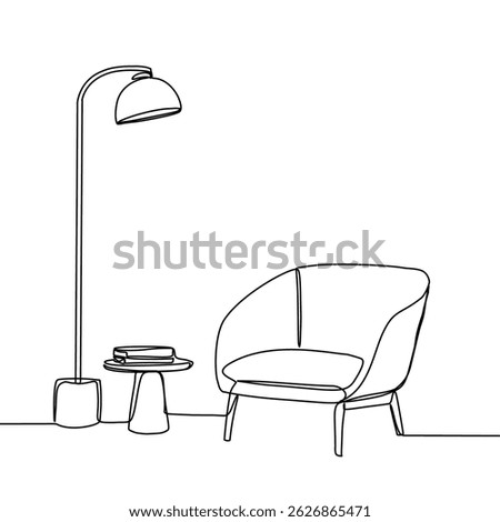 Continuous line interior with sofa, plant and lamp. One line drawing of Living room with single sofa modern furniture. Single line drawing of single sofa furniture.