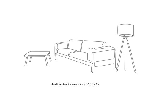 Continuous line interior with sofa, table and lamp. One line drawing of Living room with modern furniture. Single line furniture. Hand draw contour. Bulb, modern table. Editable stroke. Doodle vector