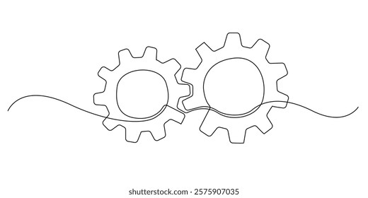 continuous line of interlocking gears.one line drawing of interlocking gears.single line vector illustration for industrial and technology signs.isolated white background