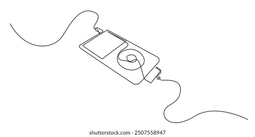 continuous line ipod.one line drawing of device for listening music.single line vector illustration.editable stroke.isolated white background