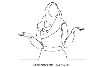 Continuous line of Islamic arabic pensive female in hijab scarf