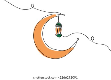 Continuous Line Islamic Background design template for ramadan, eid alfitr, isra mi’raj, and islamic new year with Lantern, and moon