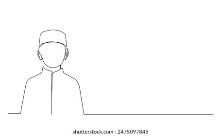 línea continua de niño islámico. dibujo de una línea de niño musulmán. un solo retrato de Vector de niño con gorra y camisa koko