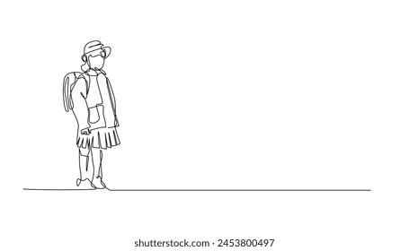 continuous line of Japanese school students.single line of female students in typical Japanese school uniforms.illustration of line drawing of female school students with hats