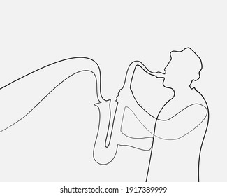 Línea continua, reproductor de saxofón Jazz. Dibujo de un juego de música. (Dibujo de la ilustración del vector con un plano de línea)