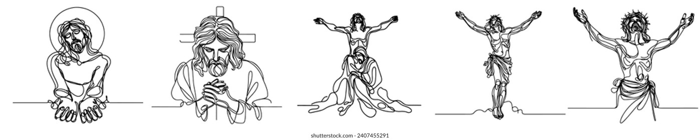 continuous line of Jesus christ.one line drawing of the Lord jesus being overtaken. line art of the event of the crucifixion of jesus christ