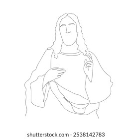 Linha contínua Jesus Cristo. Uma linha desenhando Lord jesus está cheia de amor.  Linha de desenho cristão de Jesus com pessoas e crianças. Vetor feito à mão não AI