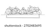continuous line of jesus in the last supper.a group of people gathered around a long table.one line drawing of religious themes,concept art history of christian religion.