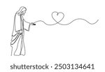 continuous line of Jesus reaching out and giving love.one line drawing of the Lord Jesus giving love to the people.single line vector illustration.isolated white background