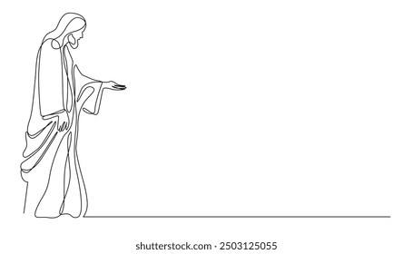 continuous line of jesus reaching out his hand.one line drawing of jesus giving his hand to help the people.single line vector illustration.isolated white background