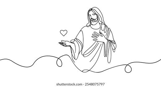 continuous line of Jesus reaching out and giving love.one line drawing of the Lord Jesus giving love to the people.single line vector illustration.isolated white background