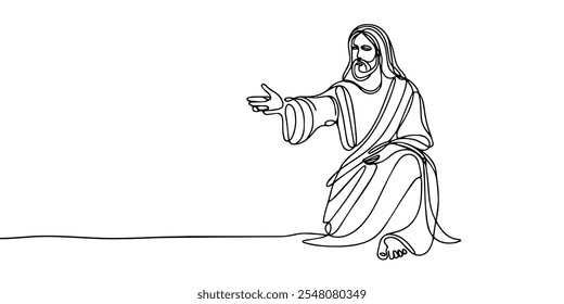 continuous line of Jesus reaching out and giving love.one line drawing of the Lord Jesus giving love to the people.single line vector illustration.isolated white background