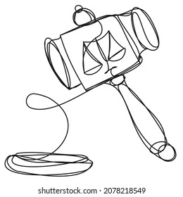 Continuous line judge gavel on white background. The symbol of law and justice. Outline with the symbol of the final decision. One line judicial gavel for doodle style presentation.