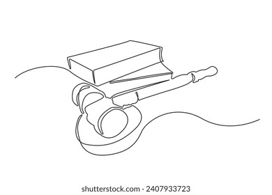 continuous line of judge's gavel.single line of judge's gavel and book.line art of law sign isolated white background