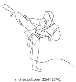 Continuous line karate player vector. One single line drawing of young sporty karateka man in fight uniform.