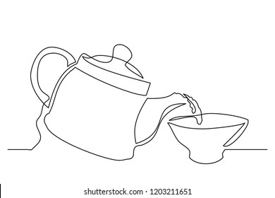 Continuous line kettle and cup of tea or coffee. The concept of delicious coffee. Doodle drawing.
