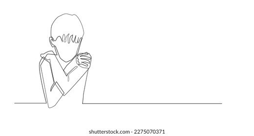 continuous line kid shivering with cold.vector single line kid chilling