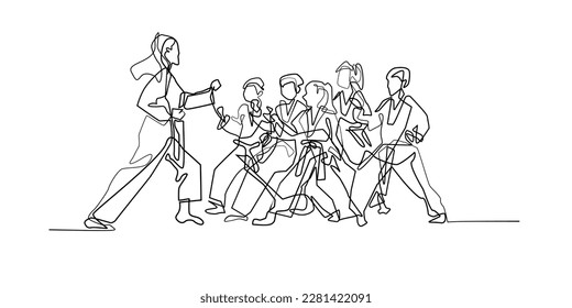 continuous line of kids martial arts.vector one line kids martial arts studio.line art of karate,taekwondo.