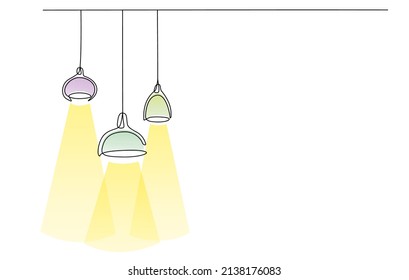 Continuous line lamps and bulbs with color shapes. One line drawing of light lampshades. Single line drawing of light bulb vector illustration. Minimalist design background