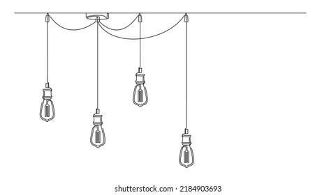 Continuous line lamps and Edison bulbs. One single line drawing of  modern loft chandelier with lightbulbs in lineart style. Minimalist design background Horizontal vector illustration. Place for text