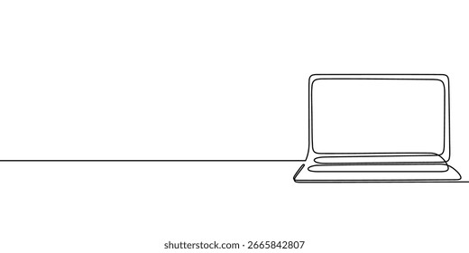 Continuous line laptop pc office computer screen work art outline illustration. Laptop continuous line digital doodle notebook single desktop typing business icon monitor email data technology.