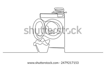 continuous line of laundry.one line drawing of washing machine and dirty clothes.modern technology of tools for washing clothes.single line vector illustration