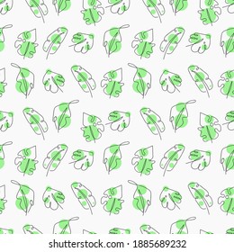 Continuous line leaf seamless pattern. Tropical leaves contour background.