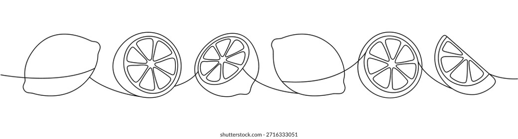 Continuous line lemon drawing. Minimal outline of sliced and whole citrus fruits in elegant single-line art