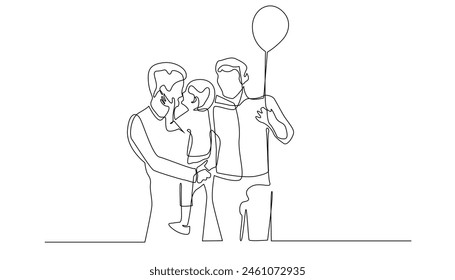 continuous line of LGBT life parenting together.LBGT couple playing outdoors with child.one line drawing vector illustration