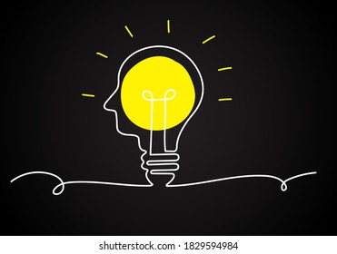 Continuous line light bulb in head on black background, Editable Stroke Line. Icon or Emblem trendy linear style.