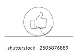 continuous line like icon.draw one line thumbs up 
 in circle,like icon on social media.single line vector illustration.isolated white background