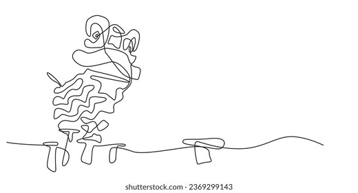 continuous line of lion dance. One line drawing of a Chinese cultural lion dance isolated on a white background