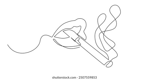 continuous line of lips smoking a cigarette.one line drawing of lips biting a cigarette.single line vector illustration.editable strokes.isolated white background