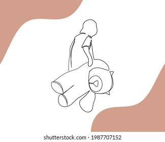Continuous line, Little baby and teddy bear. Drawing of set Love. (Vector illustration one line drawing)
