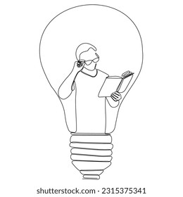 
continuous line little boy reading book in lamp symbol of intelligence