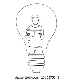 
continuous line little boy reading book in lamp symbol of intelligence