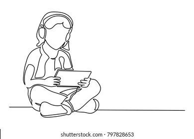 continuous line little girl sitting with a tablet studying, doing homework, listening to music. Close-up. Copy space. Drawing by hand on a white background.