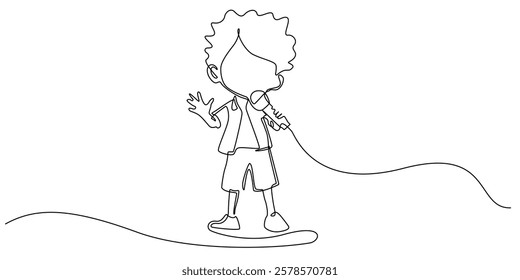 continuous line of little singer.one line drawing of male child character singing with mic.single line vector illustration of children's singing competition.isolated white background