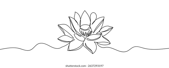 Continuous line, lotus blossom, hand drawn line Line Art Vector Transparent Background.