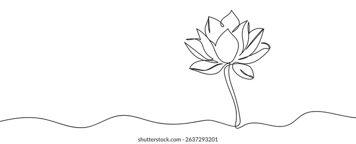 Continuous line, lotus blossom, hand drawn line Line Art Vector Transparent Background.