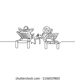 Continuous line Love couple relax on deckchair. Vector illustration.