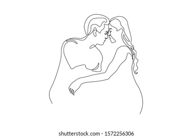 Continuous line, lovers show love, valentines style, hand drawn vector illustration