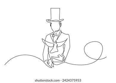 continuous line of the magician bringing out the dove.single line vector of the magician and the dove.