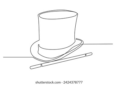 continuous line of magician hat and magic wand.single line vector of magician hat with magic wand isolated white background
