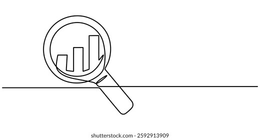 continuous line magnifying glass and bar graph business.looking icon,fast growing business.vector one line drawing, Continuous one line drawing of increasing up arrows bar graph and magnifying glass. 