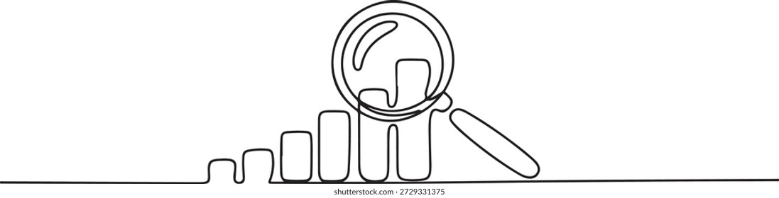 Continuous line magnifying glass and bar graph business. looking icon, fast growing business. one line Icon drawing
