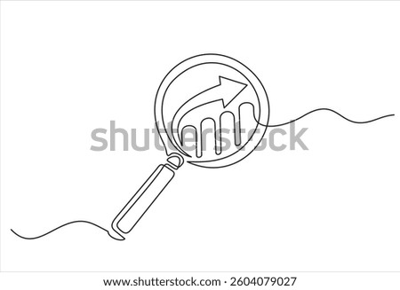 Continuous line magnifying glass and bar graph business.looking icon,fast growing business.vector one line drawing.  Editable stroke. Doodle outline vector illustration